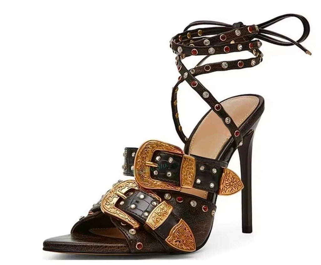 Denim Buckle Strap Studded Sandal High Heels