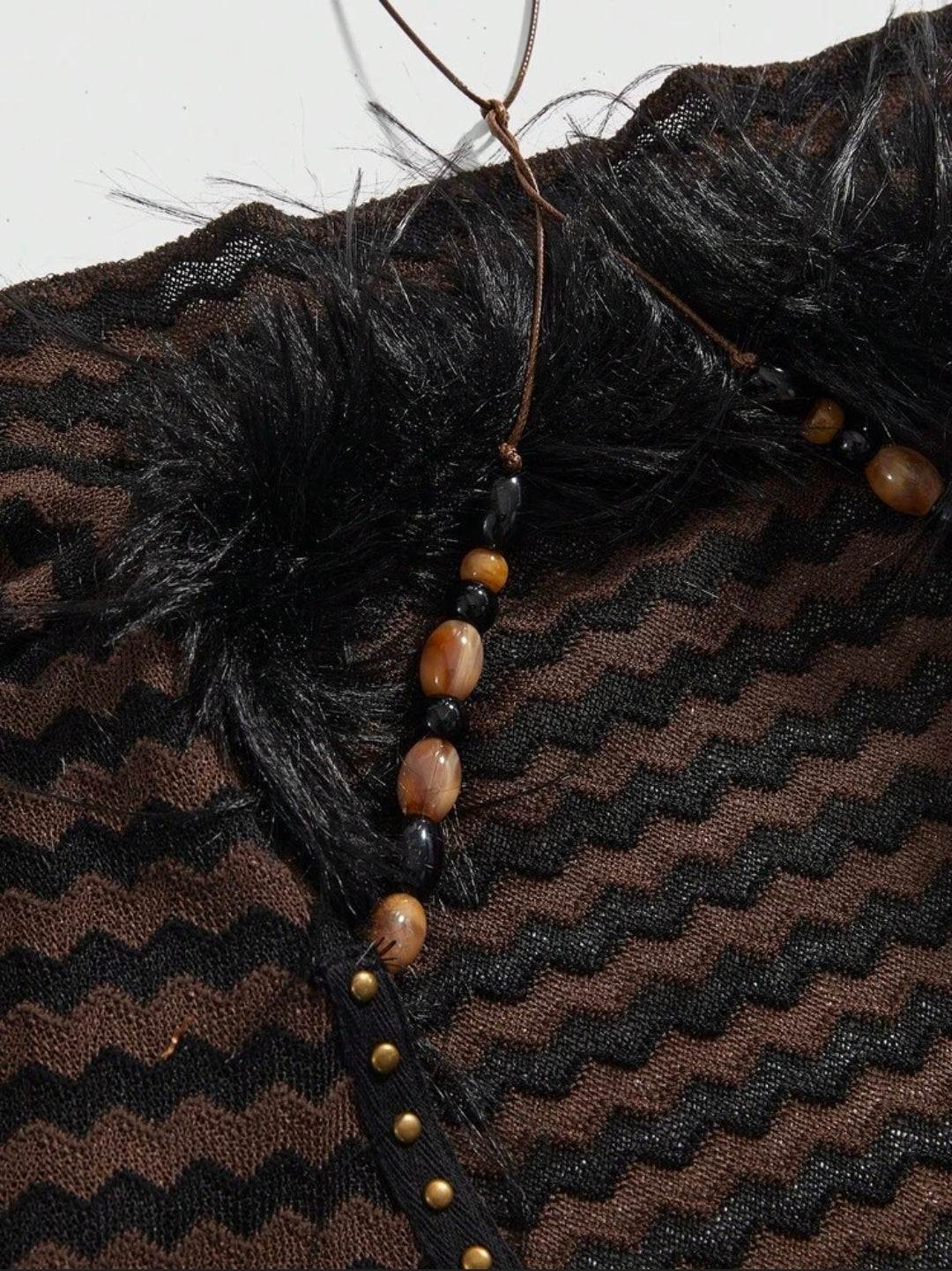 Striped Fur Collar Beaded Halter Top