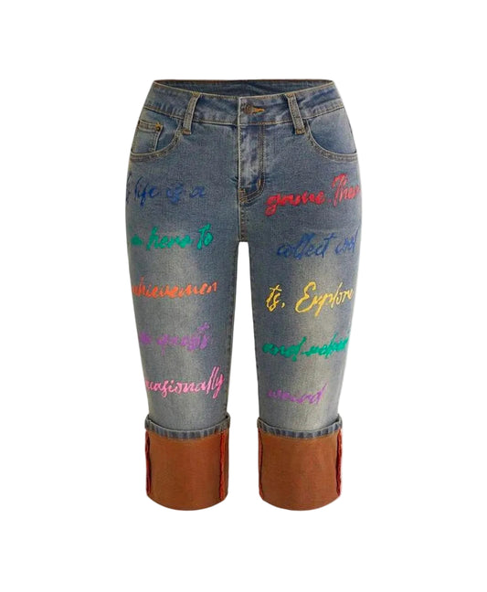 Denim Colorful Letter Embroidery Skinny Capri Jeans