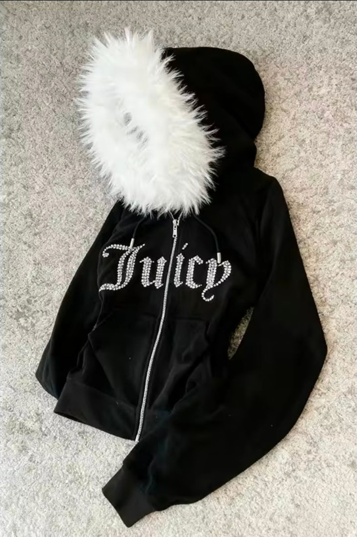 Y2K Fur Collar Zipper Sweater Hoodie