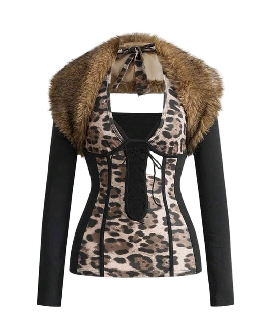 Y2K Leopard Print Fuzzy Halter Neck Backless Top