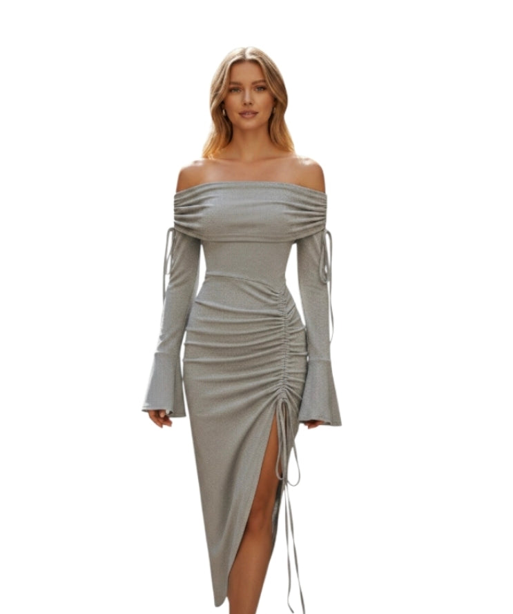 Grey off The Shoulder Ruched Bodycon Midi Dress