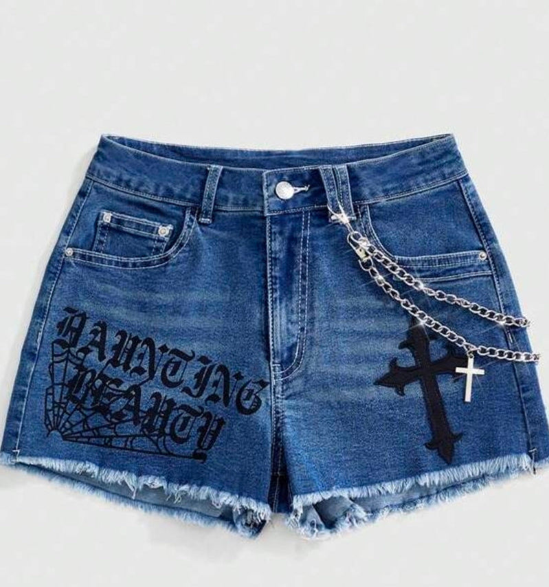 Denim Graphic Graffiti Chain Shorts