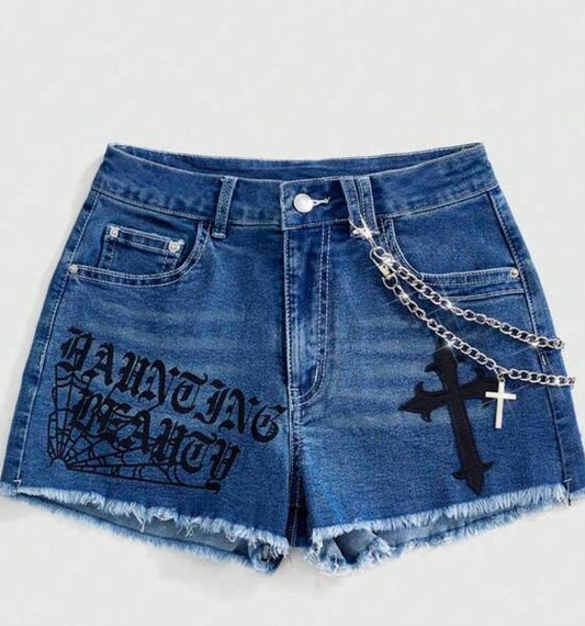 Denim Graphic Graffiti Chain Shorts
