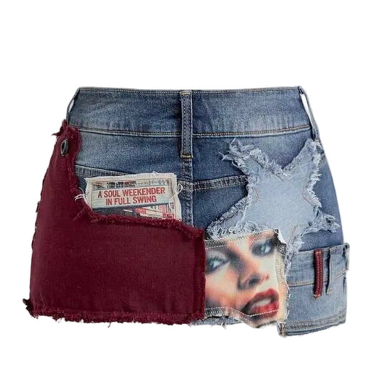 Vintage Patchwork Graphic Denim Mini Skirt