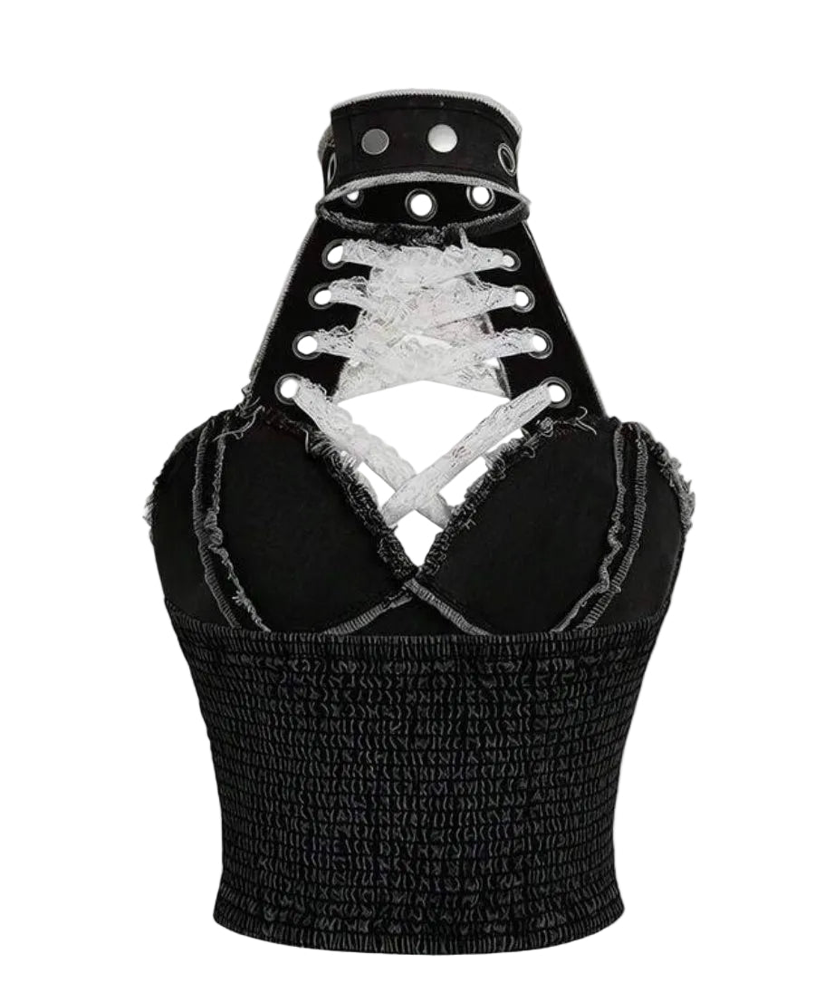Denim Lace-Up Rivet Halter Top