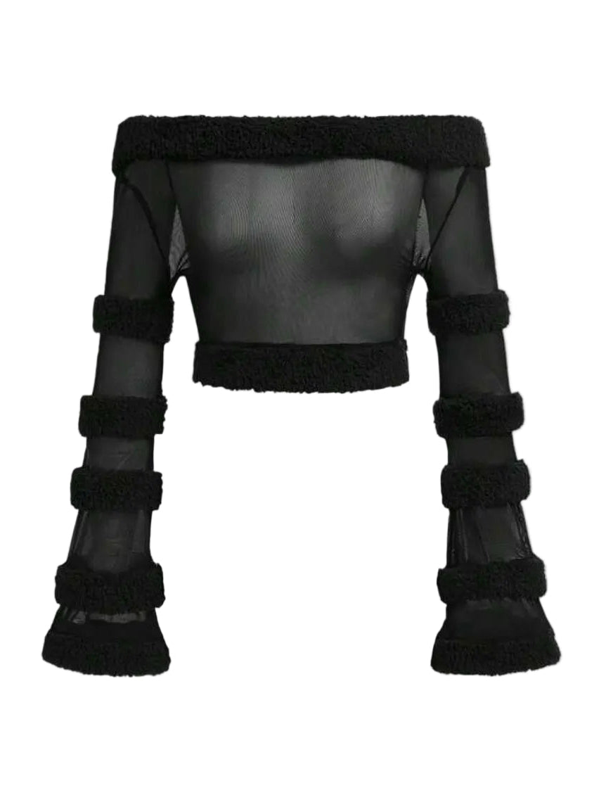 2PCS Off-Shoulder Mesh Fur Trim Low Waist Skirt