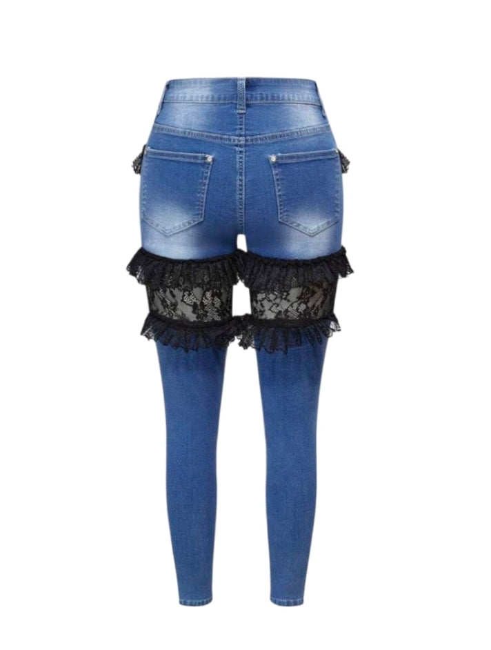 Y2K Style Ribbon Mesh Lace Trim Straight Leg Jeans