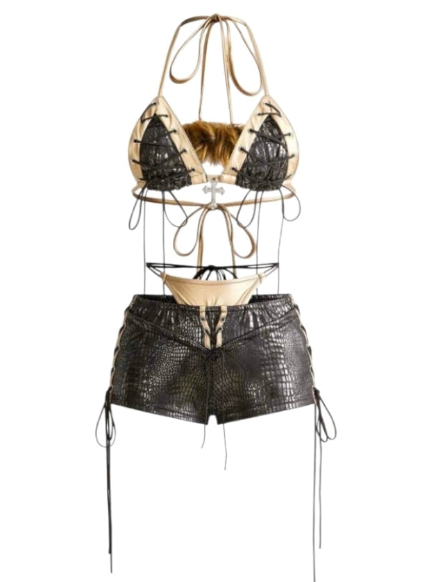 2PCS Leather Lace-Up Bikini Top Shorts Sets