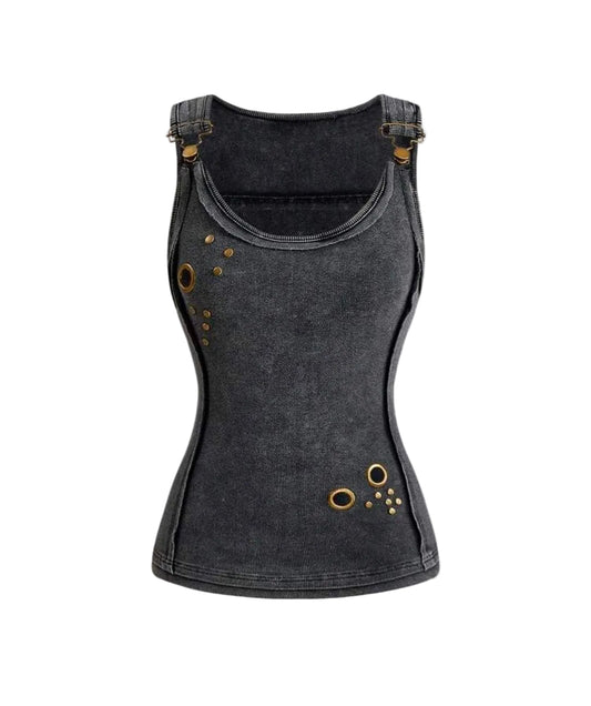 Vintage Charcoal Grommet Detail Fitted Tank Top