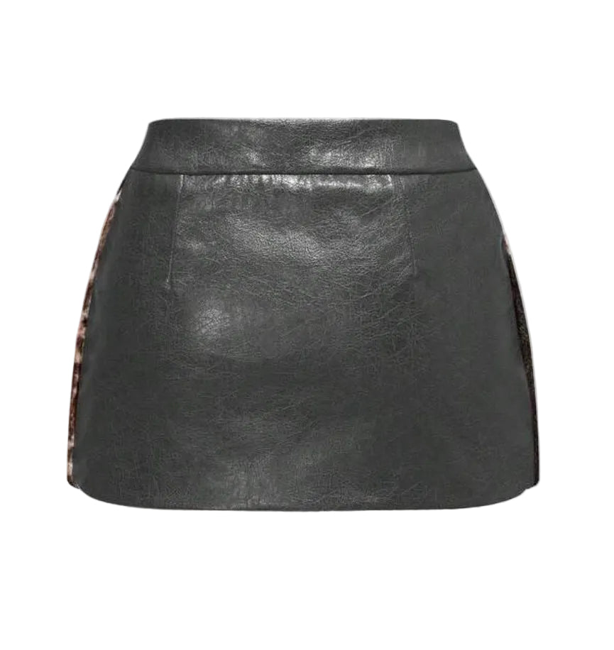 Leather Animal Fur Patchwork Mini Skirt