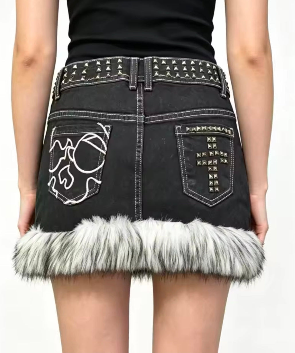 Retro Denim Cross-Studded Fur Hem Y2K Mini Skirt