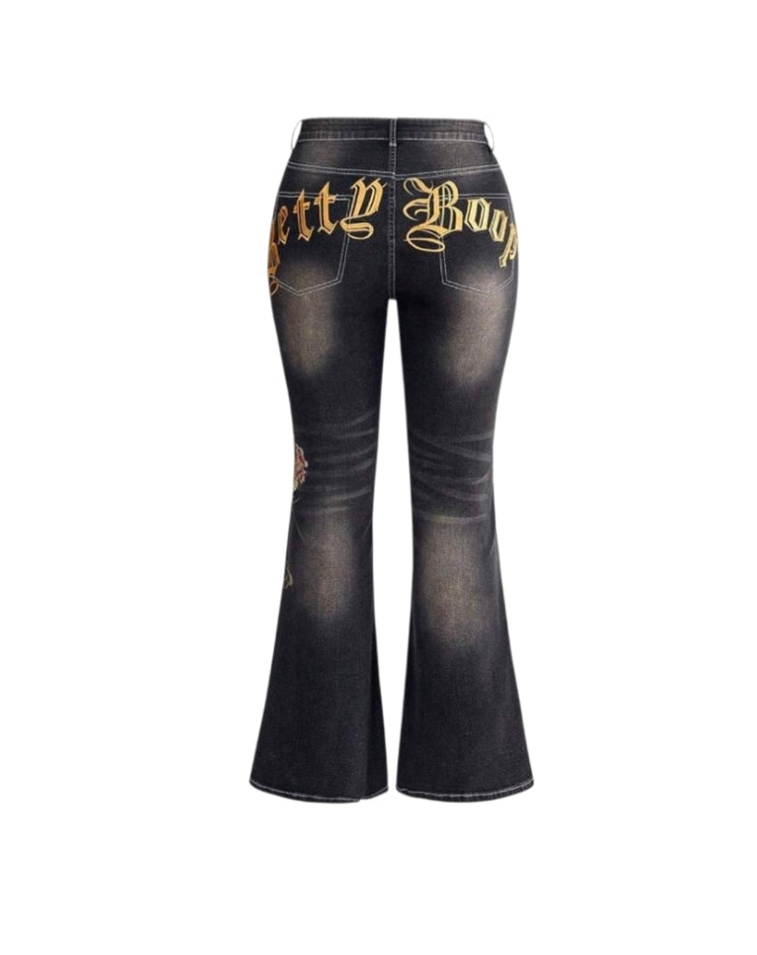 Betty Boop Denim Dragon Print Flare Jeans