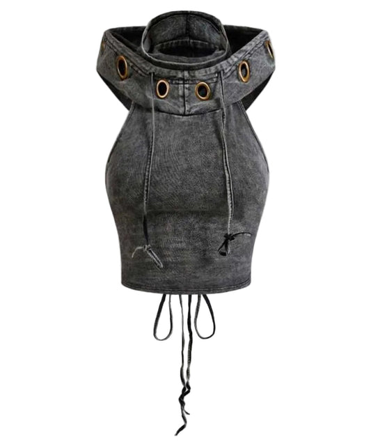 Distressed Denim Drawstring Hoodie Top