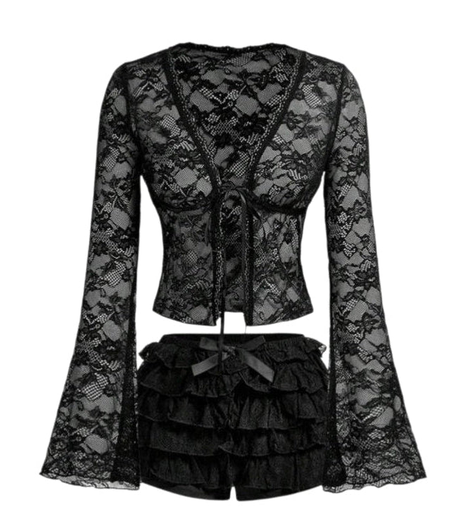 2PCS Mesh Lace Flare Sleeves Top Ruffle Shorts Sets