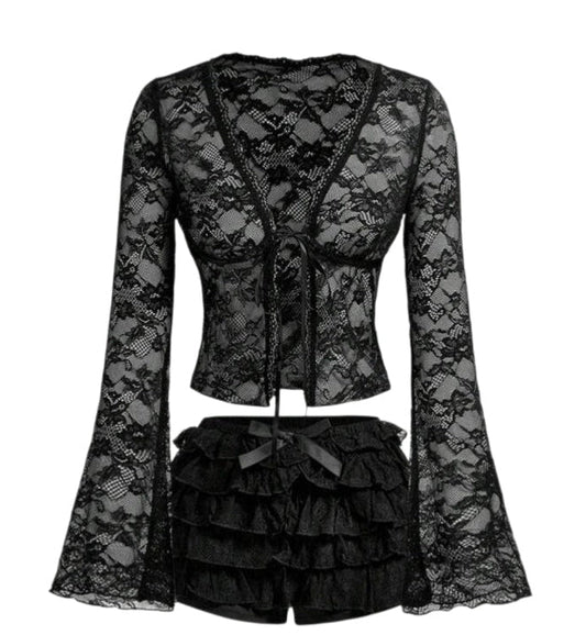 2PCS Mesh Lace Flare Sleeves Top Ruffle Shorts Sets