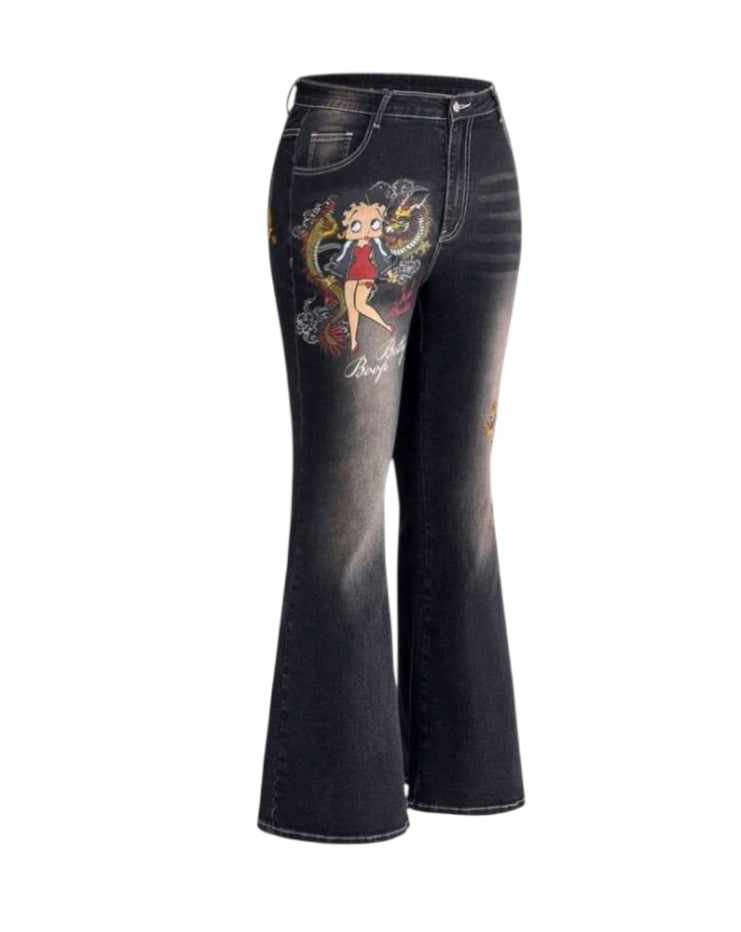 Betty Boop Denim Dragon Print Flare Jeans