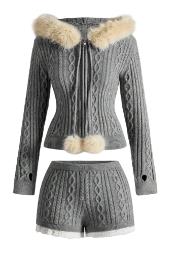 Y2K Cardigan Fuzzy Collar Hoody Low-Rise Mini Shorts 2 Piece Set